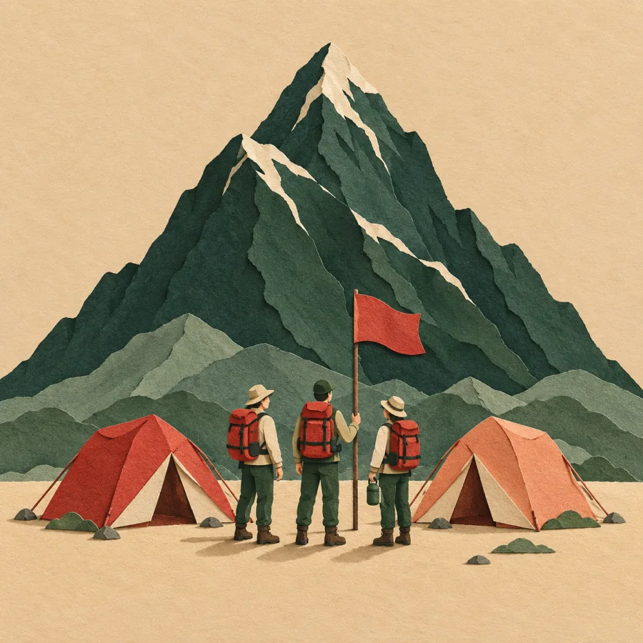A tent camp at the foot of a mountain, rescuers by a flag