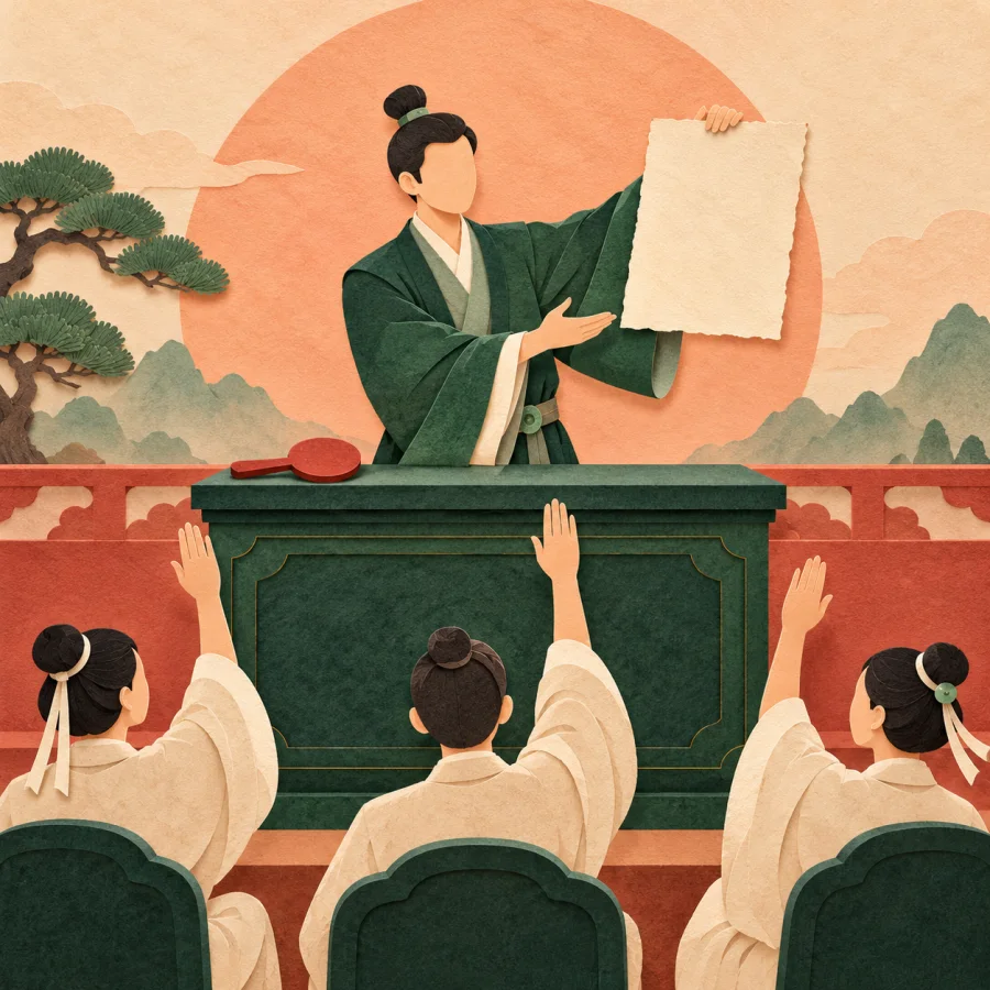 A speaker holding a document at a podium, bidders raising hands