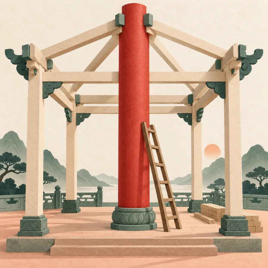 A red pillar in a pavilion with a ladder beside it