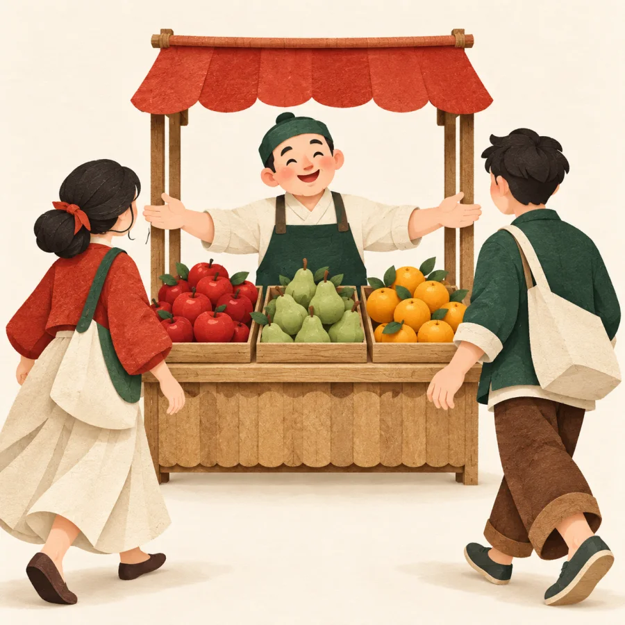 A vendor beckoning customers toward his small market stall