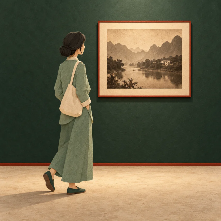 A visitor pausing before an old framed photo on a green wall