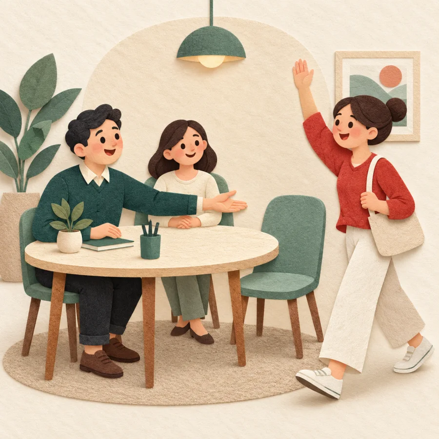 A leader welcoming a volunteer with a raised hand at a table