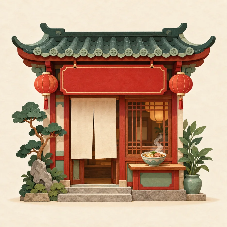 A red signboard above a shop door with a bowl of food