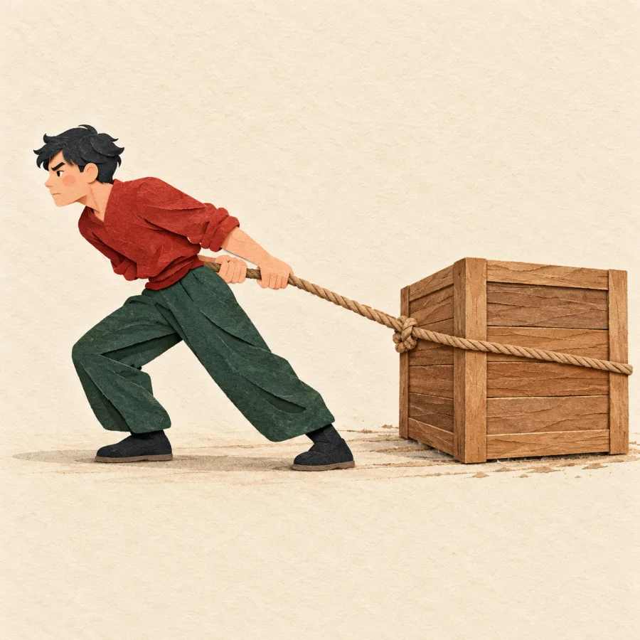 A person pulls a rope, dragging a wooden box across the floor