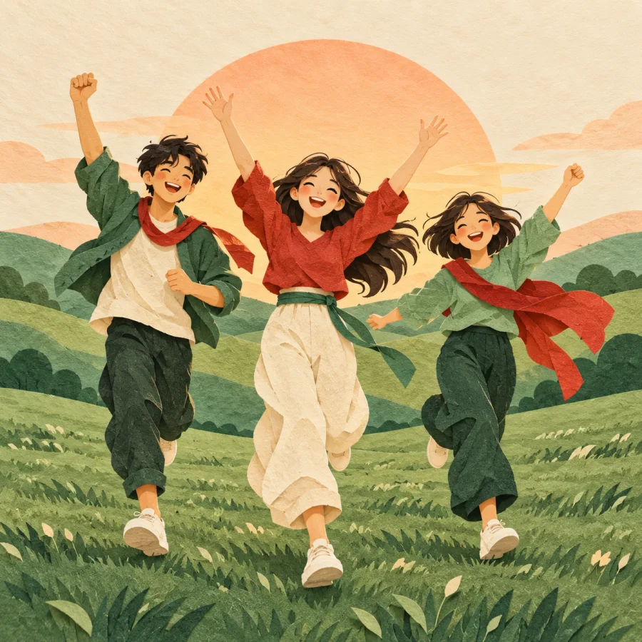 Young people in red and green clothes run energetically across a field