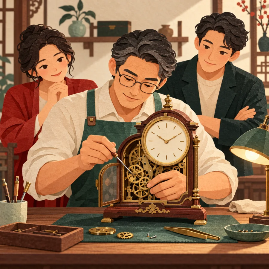 A craftsman in an apron repairs a clock as two onlookers watch