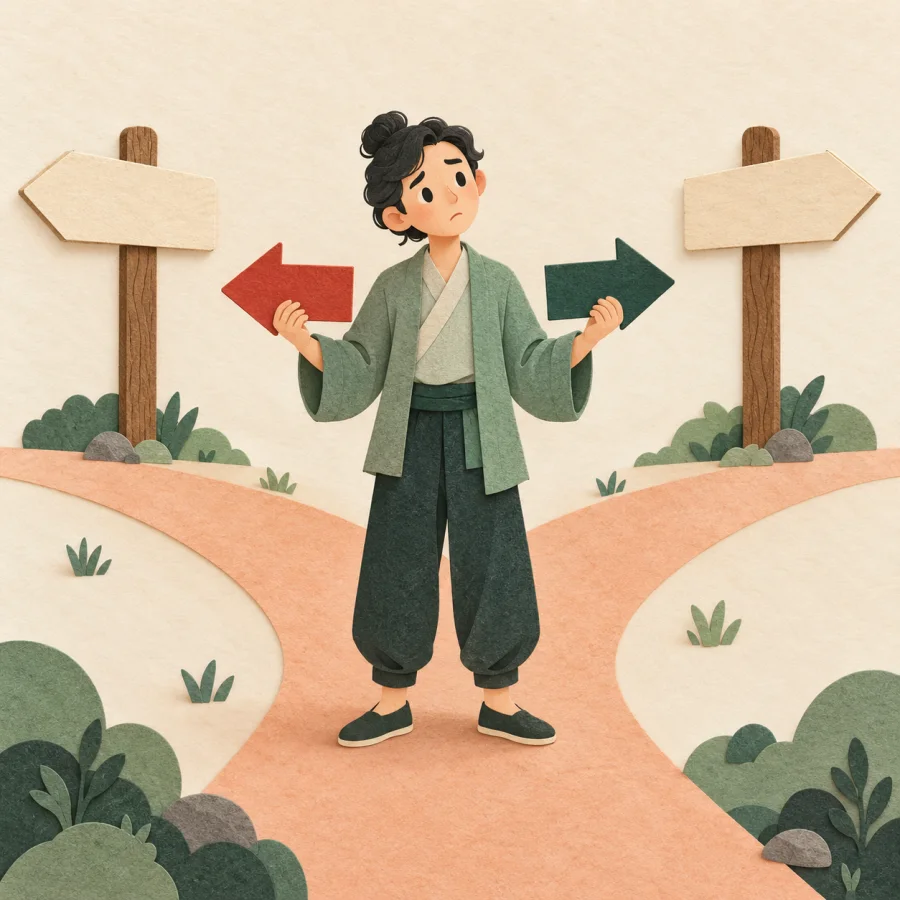 A person at a crossroads holds two arrows pointing opposite ways