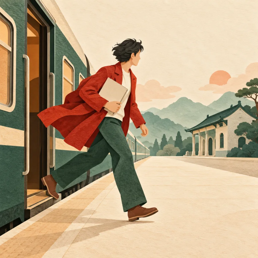 A traveler hurries off a train clutching a document folder