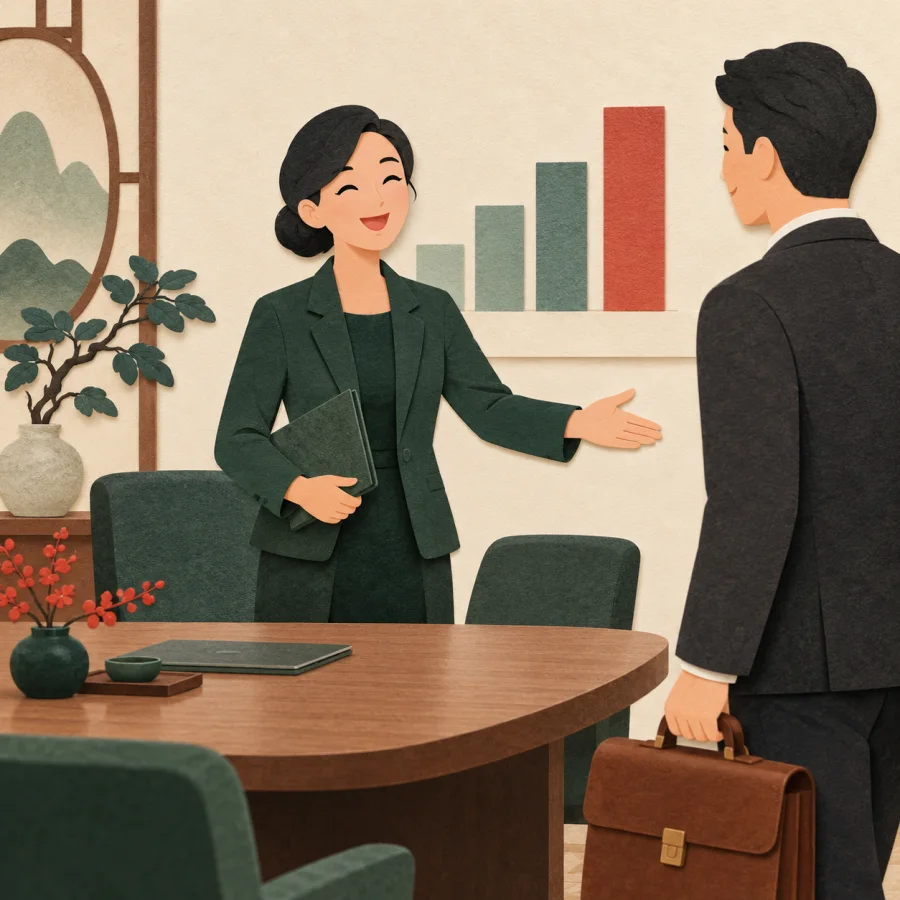 A speaker welcomes a visitor carrying an investment case
