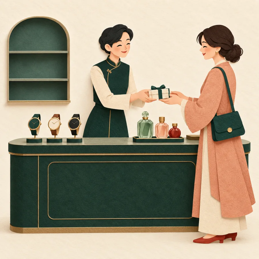 A shop assistant behind a counter serves a customer