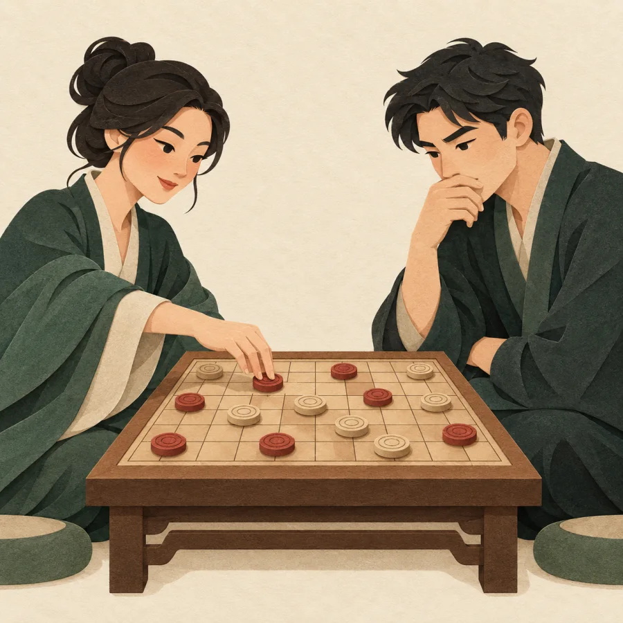 A player thoughtfully moves a piece on a game board