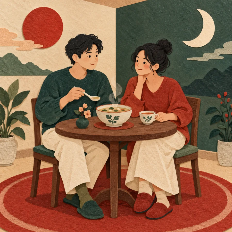 Two roommates share breakfast at one small table
