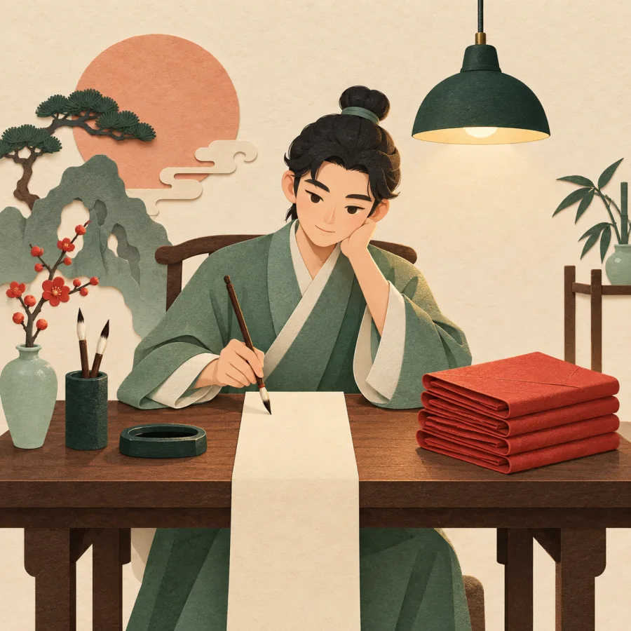 A scholar writes on a tall narrow paper strip surrounded by folded newspapers