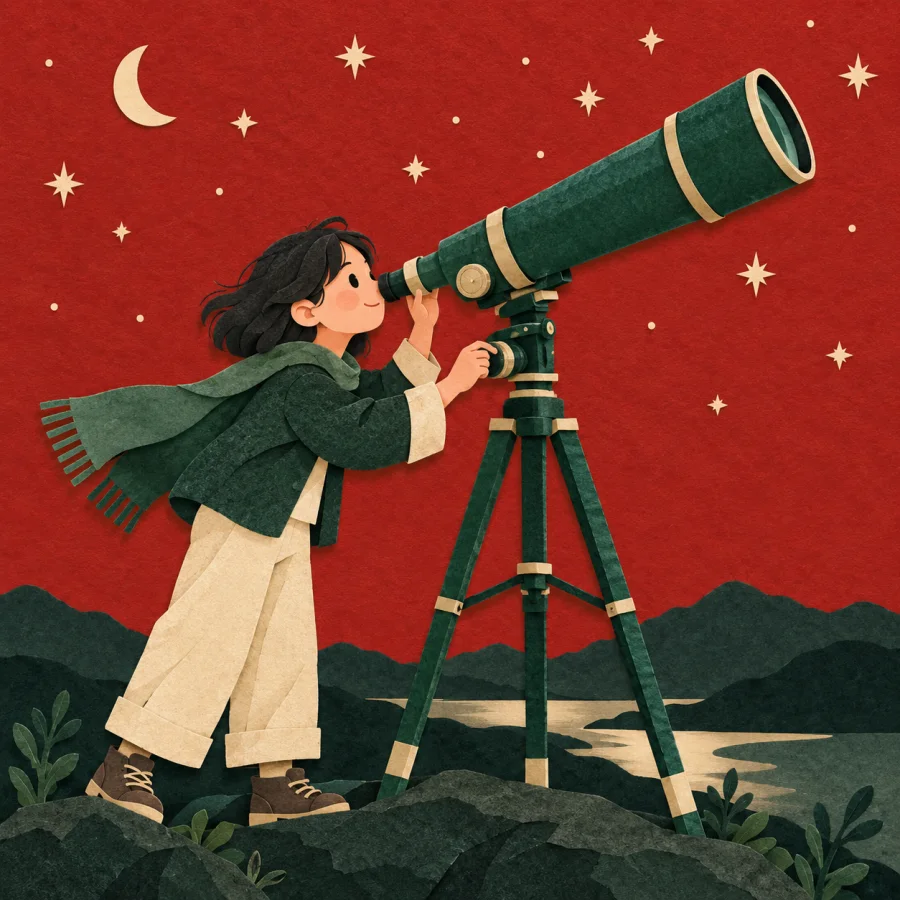 A person gazes with fascination through a telescope at the starry sky
