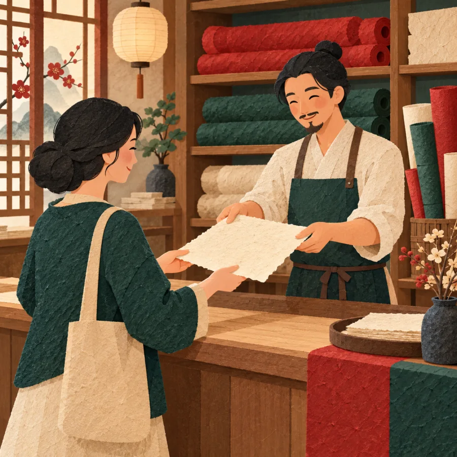 A shopkeeper hands a customer a sheet of handmade paper in a small shop