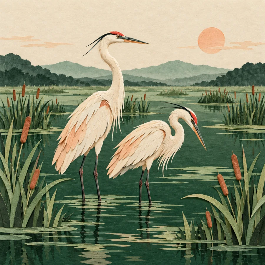 Herons stand among reeds on a wide marsh