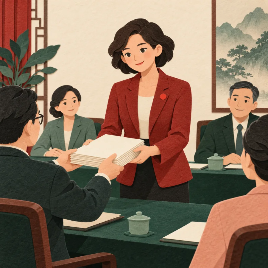 A person with a red badge takes documents at a committee table