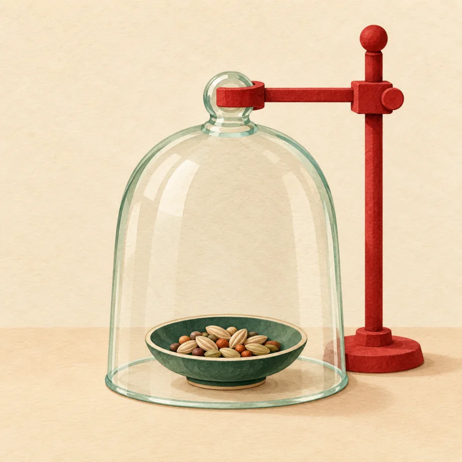 A glass dome is lowered over a small dish of seeds on a table