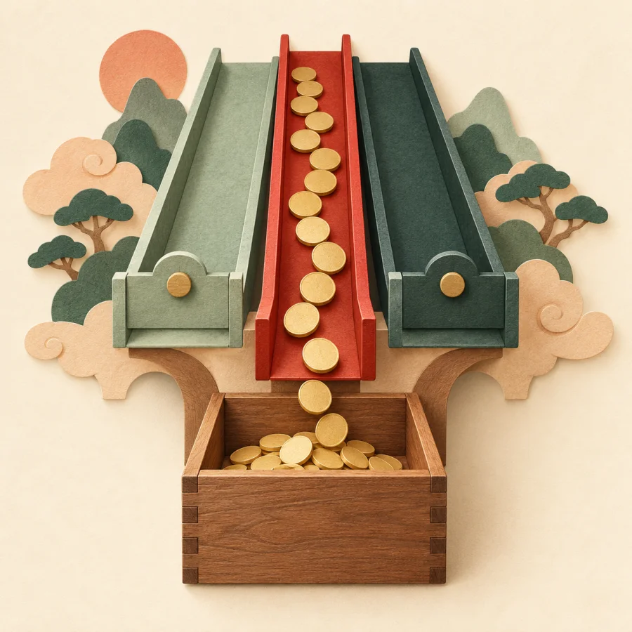 A stream of coins flows through one channel into a special box