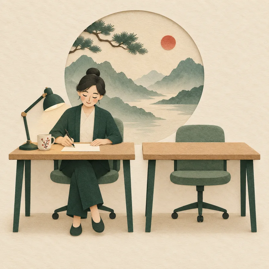 A person works steadily at one desk beside an empty second desk