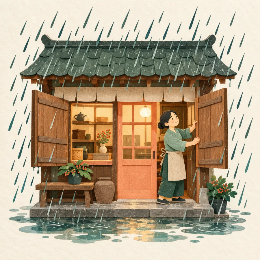 A shopkeeper opens the shutters of a small shop in the rain