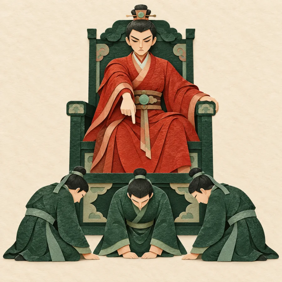 A stern figure on a tall chair points down as small figures bow silently