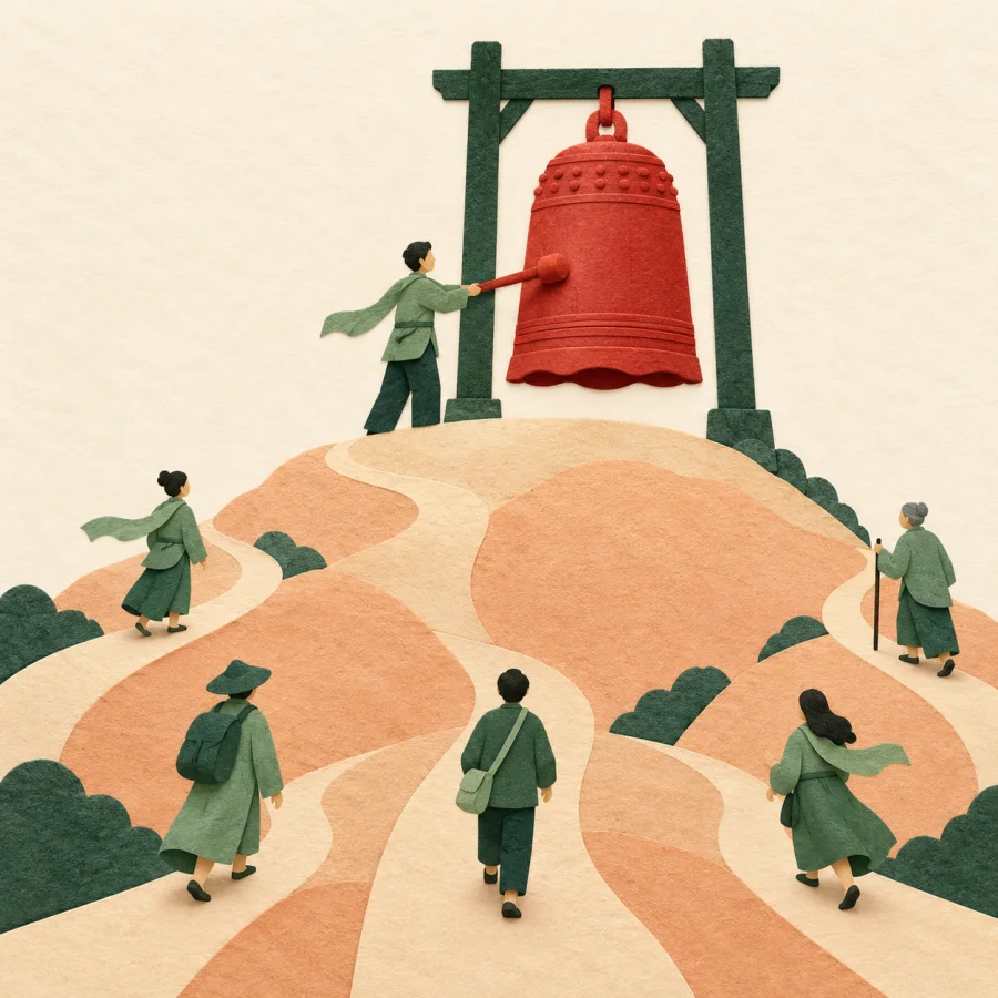 A person rings a bell as people walk toward him from many paths
