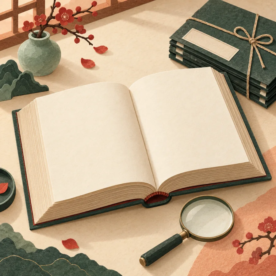 A thick open book with a magnifying glass beside stacked archive folders