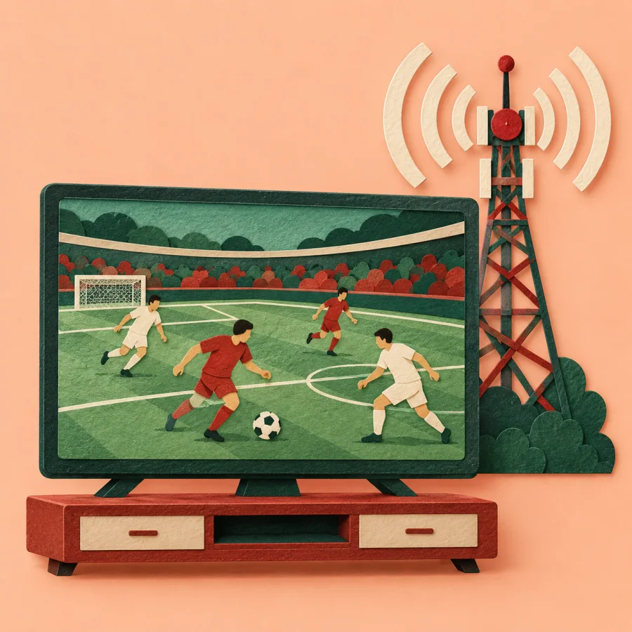 A TV set shows a match while a nearby tower sends out broadcast signal waves