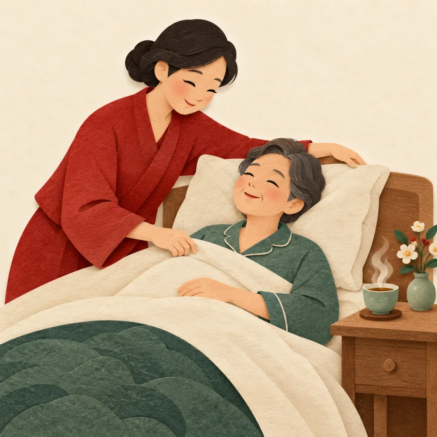 A person caring for a patient resting in bed