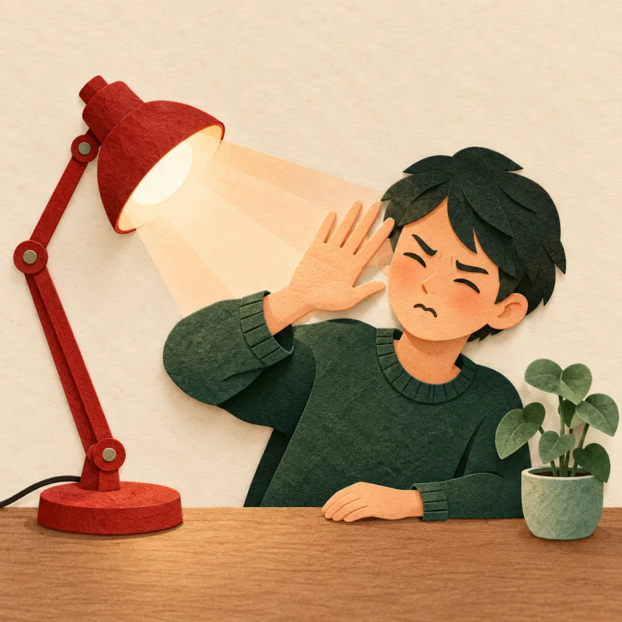 A lamp shining bright beams onto a person