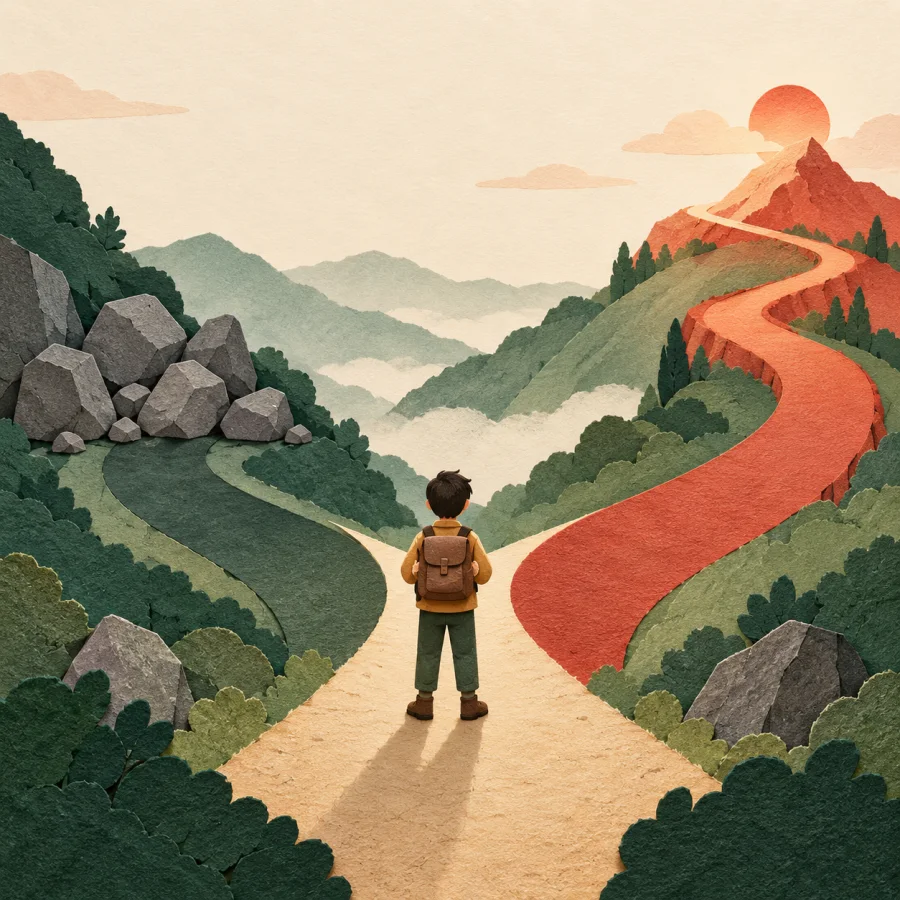 A traveler at a fork: a dead-end path and an upward path