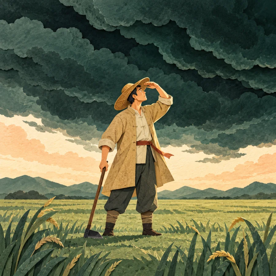 A farmer gazes at storm clouds gathering over his field