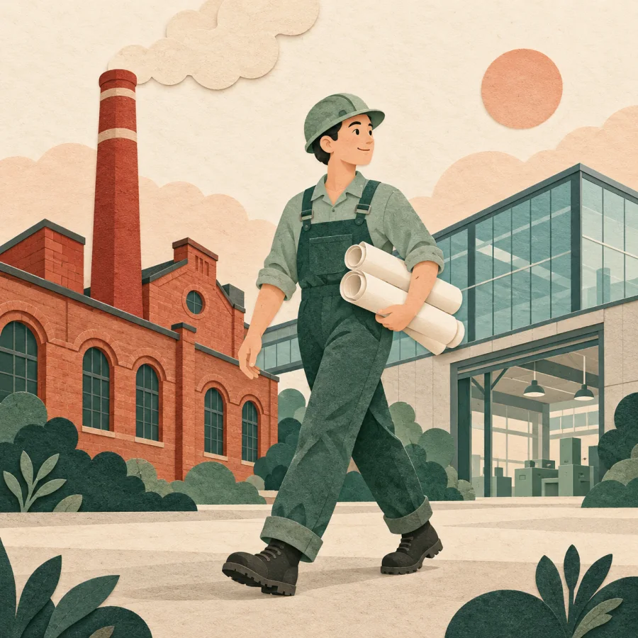 A worker with rolled plans beside an old factory and a new workshop
