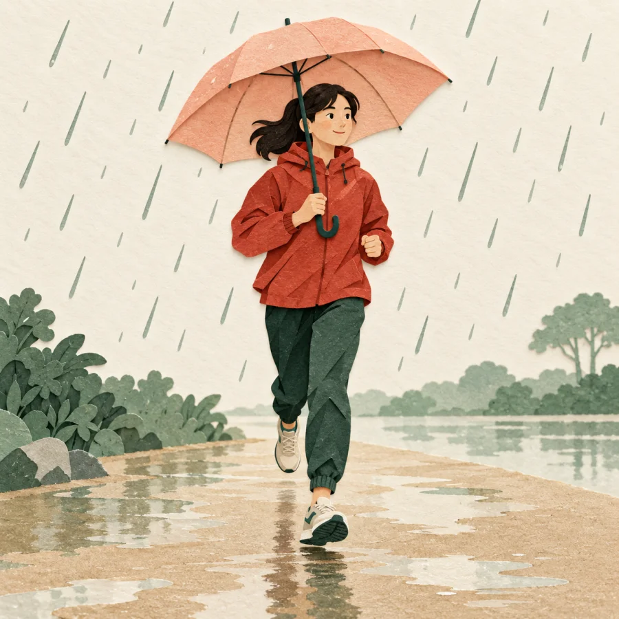 A runner in a red jacket jogs under rain holding an umbrella