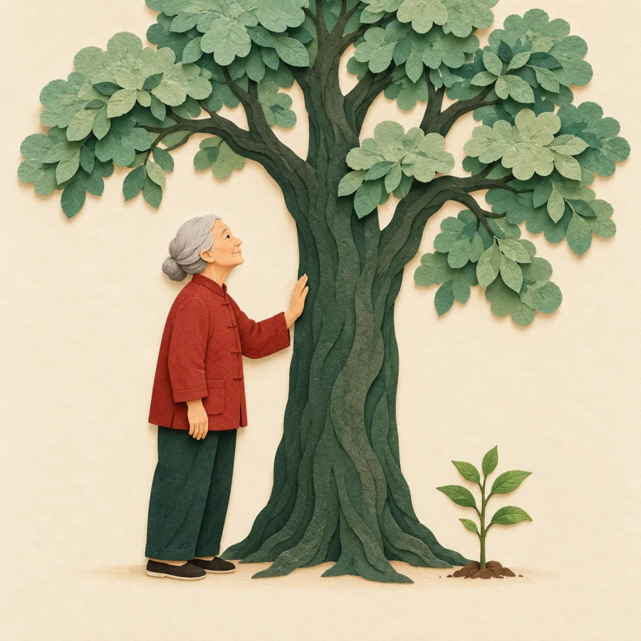 An elderly person touches a tall tree beside a tiny sapling