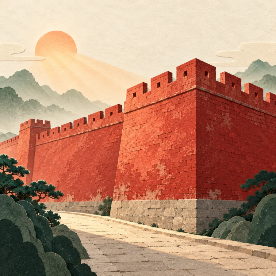 Rising sun light shining over an ancient city wall and path