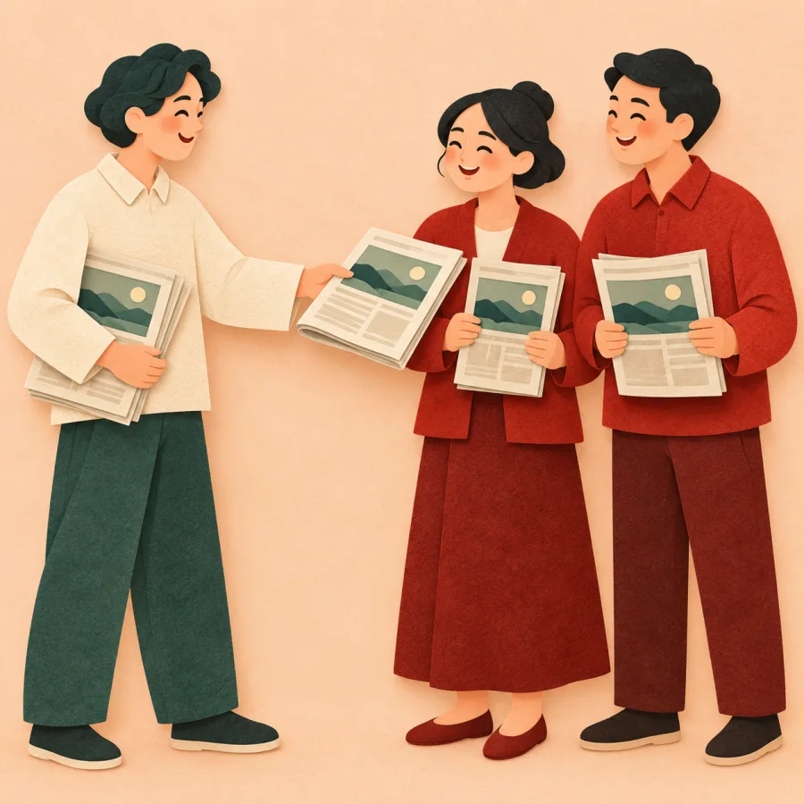 A person hands a newspaper to two neighbors holding copies