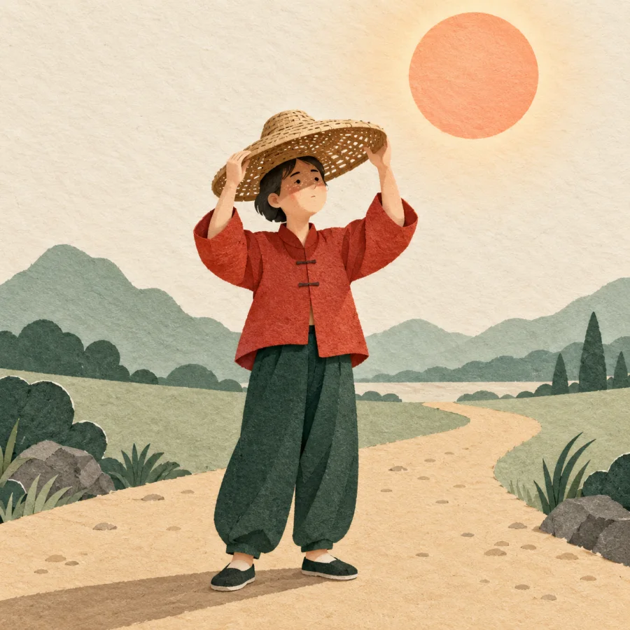 A person shields their face from the bright sun with a wide hat