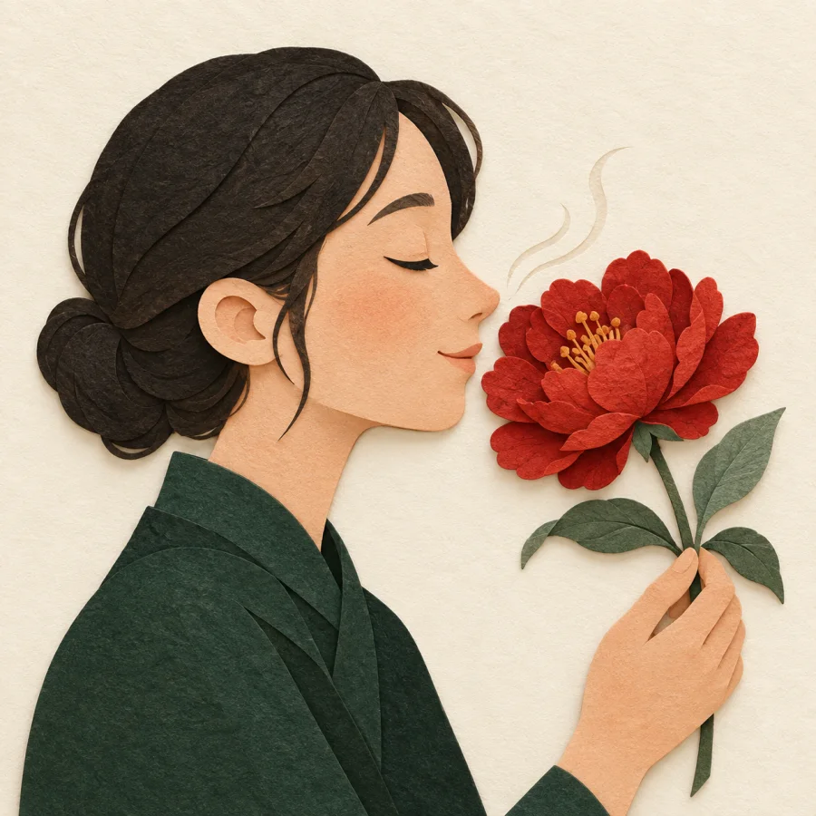 Eine Person, die an einer Blume riecht