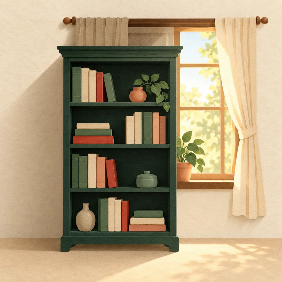 A tall bookshelf blocks half a window and a potted plant