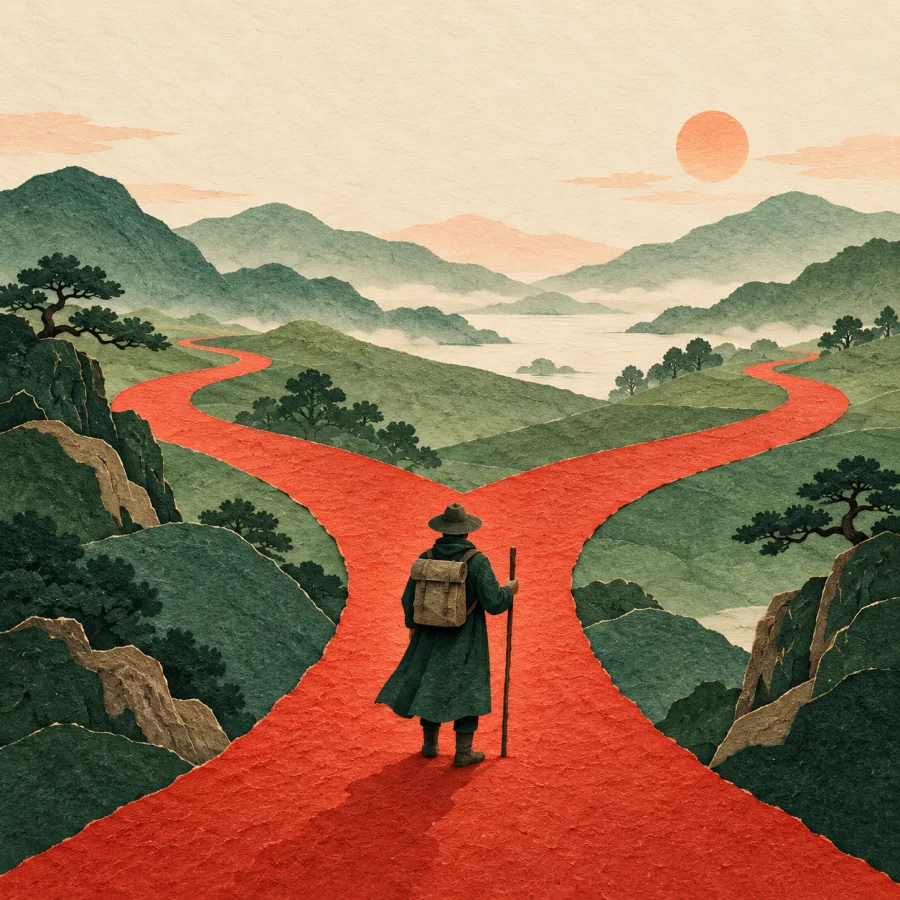 A traveler stands at a crossroads where the road splits in two