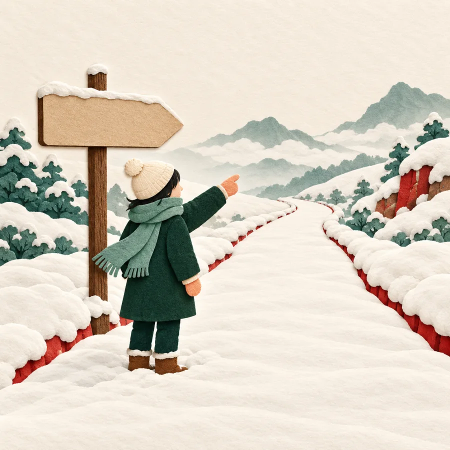 Snow covers a red road while a driver looks at a roadside sign