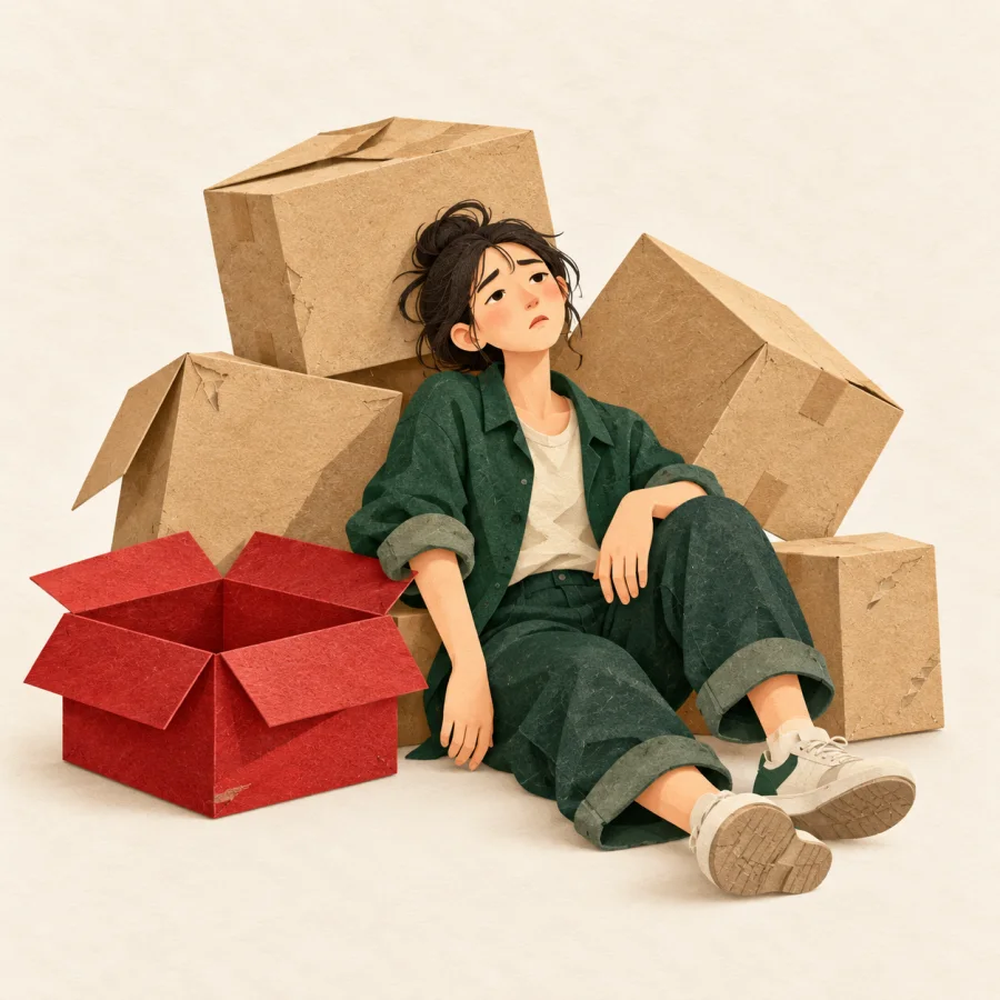 A tired person surrounded by boxes moved again and again