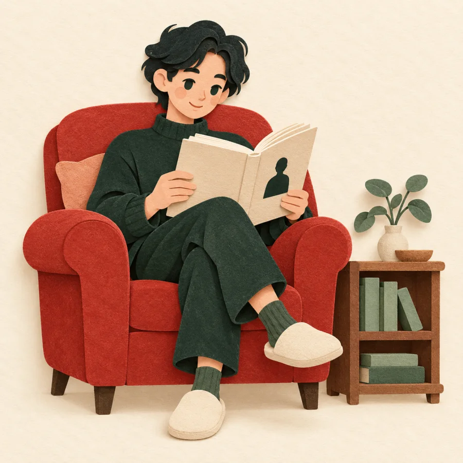 A reader in an armchair reads a thick biography book