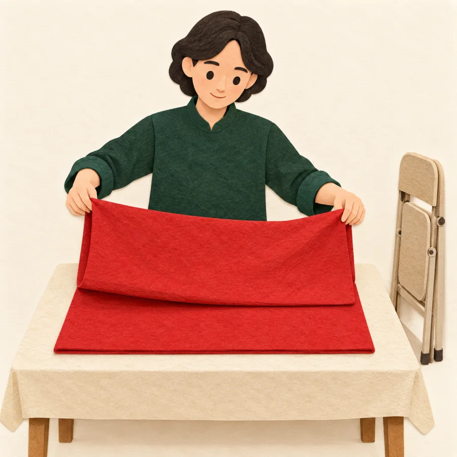 A person folds a large red cloth in half
