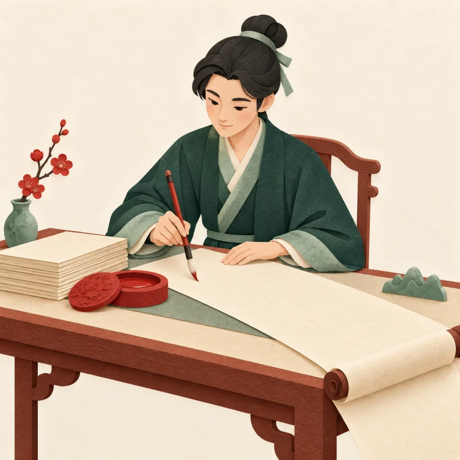 A person carefully writes a long formal document at a desk
