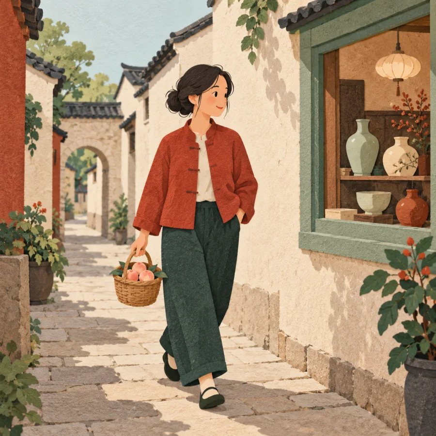 A person strolls unhurried through old town alleys with a small basket