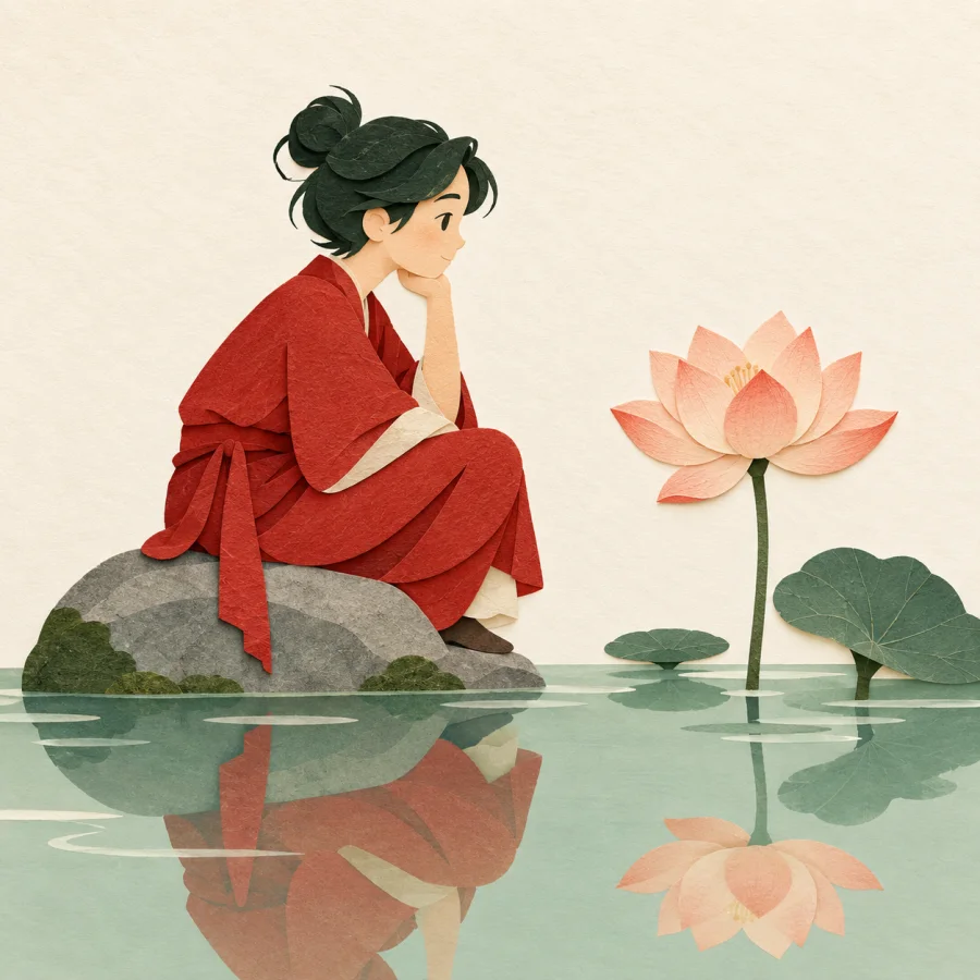 A thoughtful person sits by a pond gazing at a lotus