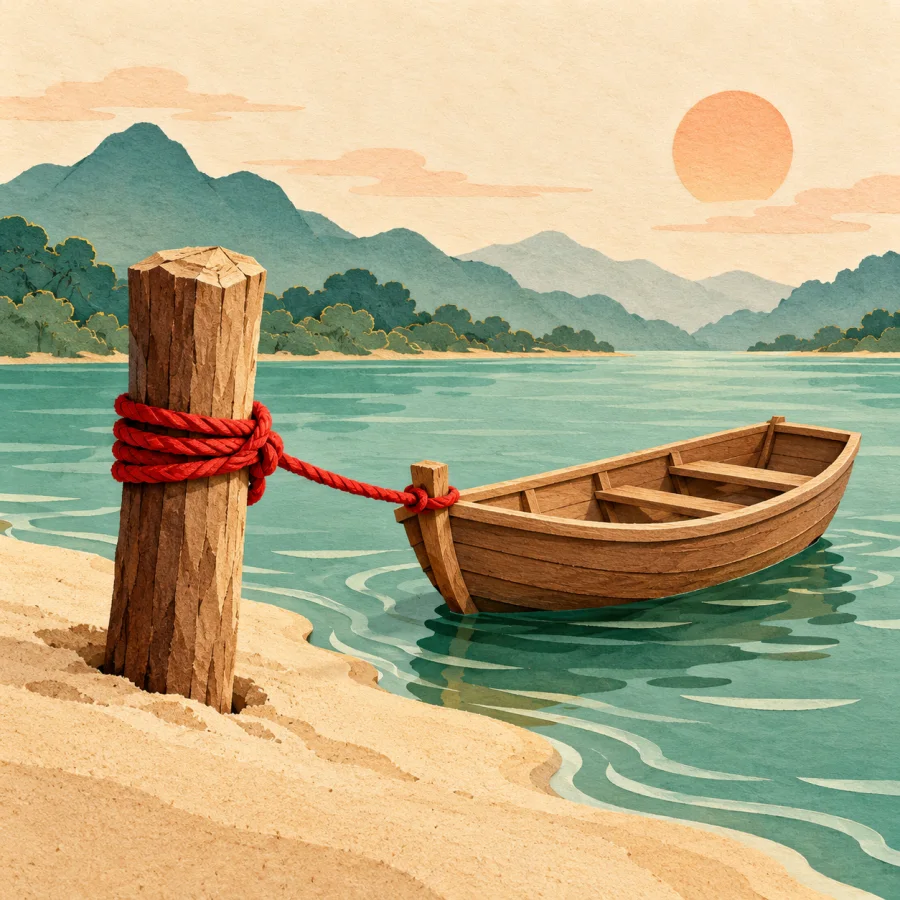 A wooden stake at a sandy riverbank with a boat tied on
